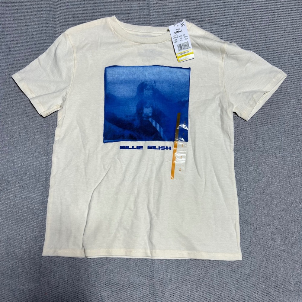 Billie Eilish Kids Graphic T-Shirt Small Cream Blue Photo Print New 38301162